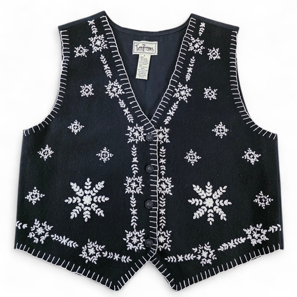 TanTrums Black Wool Blend Embroidered Vest Snowflake Boho Cottagecore L